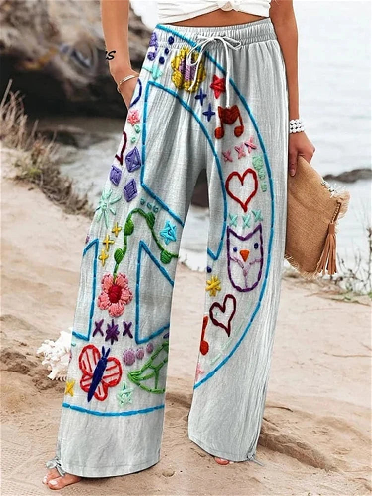 Outdoor Beach Resort Style Collection Women's Floral Print Wide-Leg Pants Relaxed Drawstring Design Casual Comfort Trousers