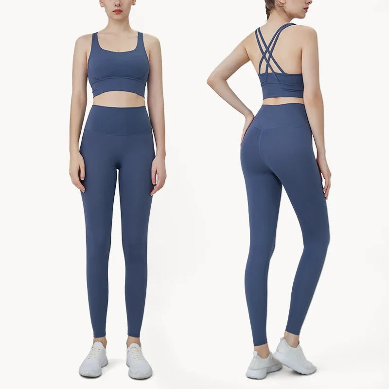 Summer Women’s 2 Piece Yoga Set – Cross Back Sports Bra & High Waist Leggings, Breathable Nylon Gym Workout Outfit