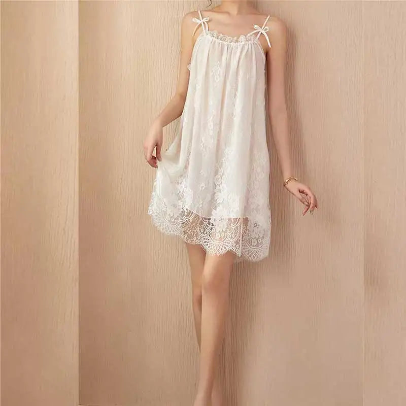 Women’s Summer Lace Nightdress – Sexy Slip Dress with Bow Lace Straps, Soft Sleeveless Lingerie Sleepwear