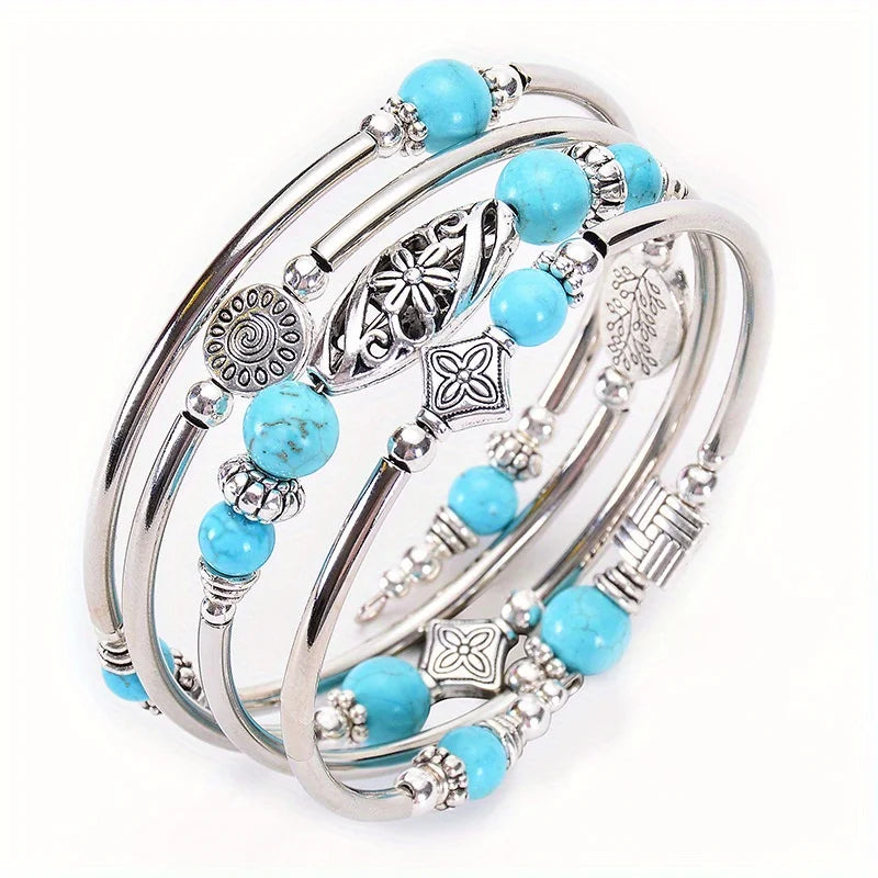 Vintage Turquoise Wrap Bracelet Set - Genuine Stone Unisex Jewelry