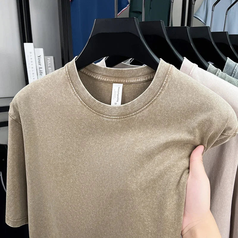 American Style Retro Heavyweight Short Sleeve T-Shirt – Oversized Washed Solid Color Summer Streetwear for Men & Women