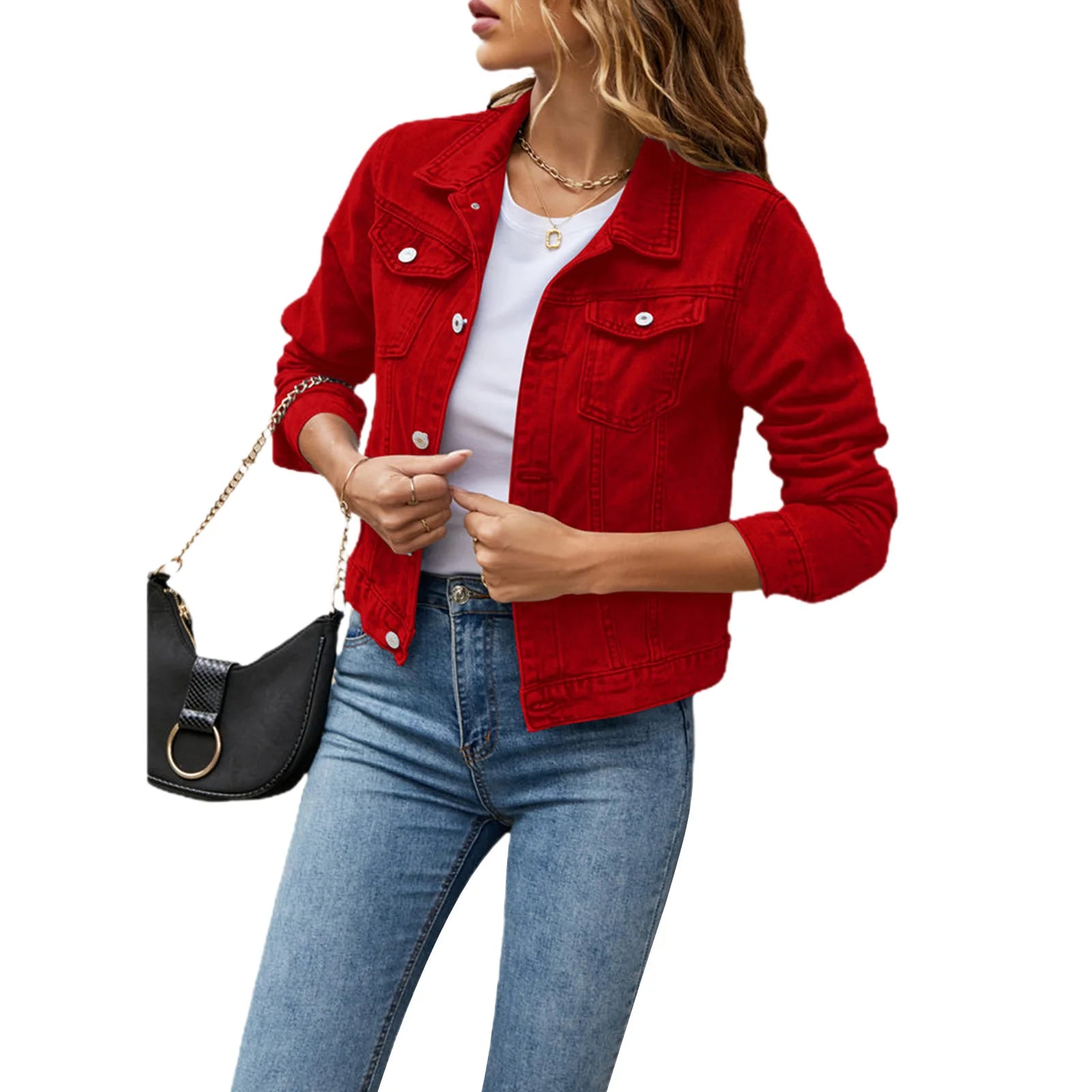 Women’s Casual Denim Jacket – Slim Fit Long Sleeve Jean Jacket with Hood & Chest Pockets, Button Down Fall Winter Coat