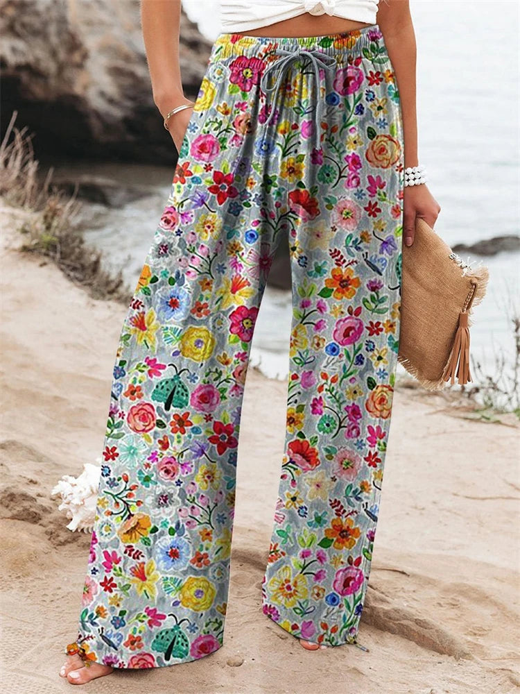 Outdoor Beach Resort Style Collection Women's Floral Print Wide-Leg Pants Relaxed Drawstring Design Casual Comfort Trousers