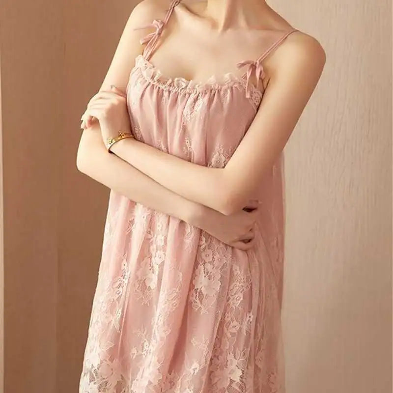 Women’s Summer Lace Nightdress – Sexy Slip Dress with Bow Lace Straps, Soft Sleeveless Lingerie Sleepwear