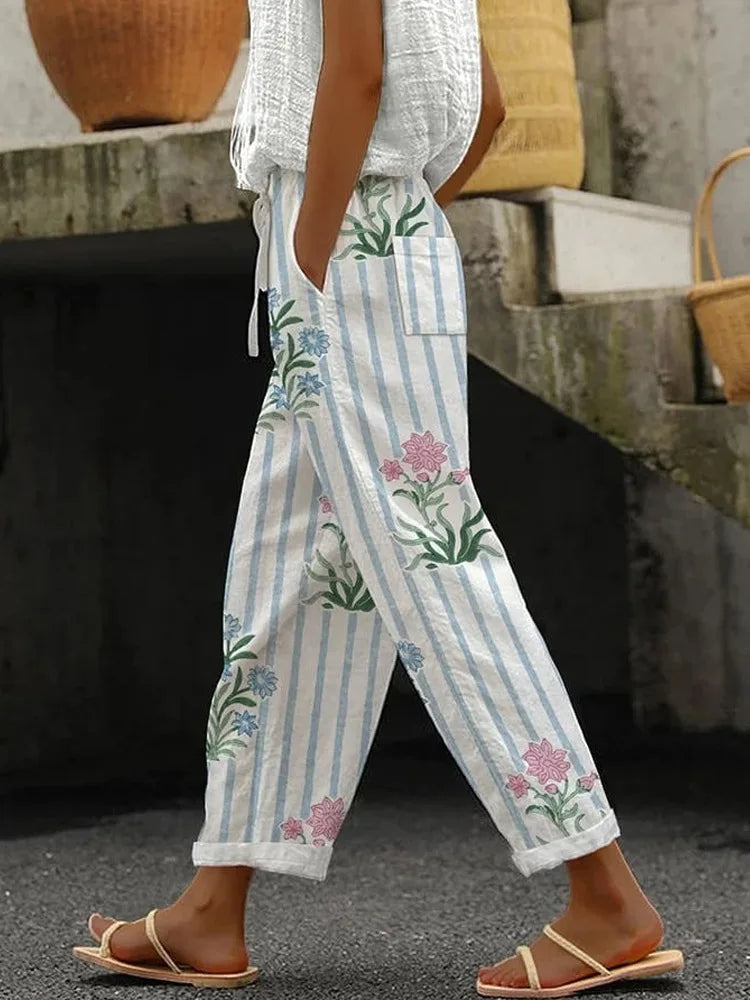 2025 New Women's Trousers Vertical Striped Drawstring Elastic Waist Pocket Fashion Street Versatile Casual Pants