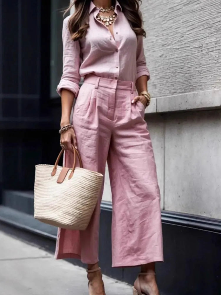 New Fashion Casual Commuting Cardigan Long-sleeved Top Wide-leg Trousers Two-piece Set Women's Elegant Solid Color Trousers Set