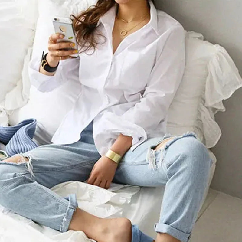 OL Style Tops Fashionable Commuting Style Long Sleeved Lapel White Shirt Elegant Office Lady Cotton Blouse Camisa Feminina 3496