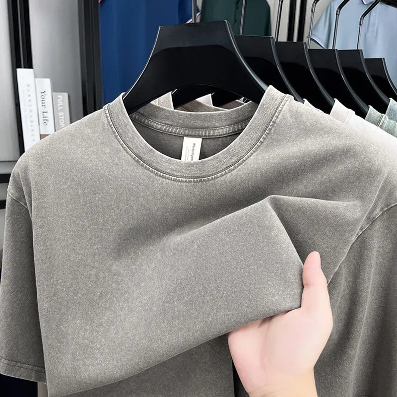 American Style Retro Heavyweight Short Sleeve T-Shirt – Oversized Washed Solid Color Summer Streetwear for Men & Women