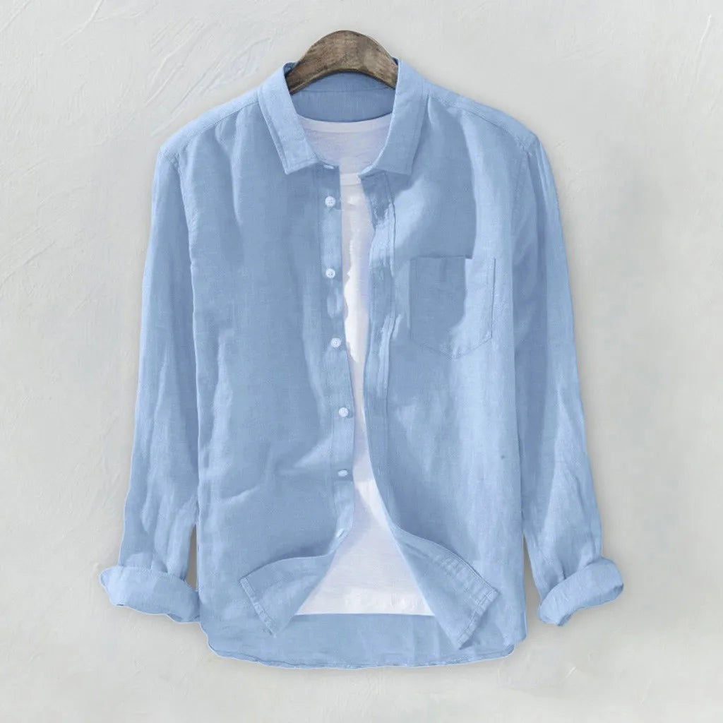 Men's Solid Baggy Button Shirts Summer Blouses for Men T Pocket Long Sleeve Linen Cotton Fashion Shirt camisas para caballero