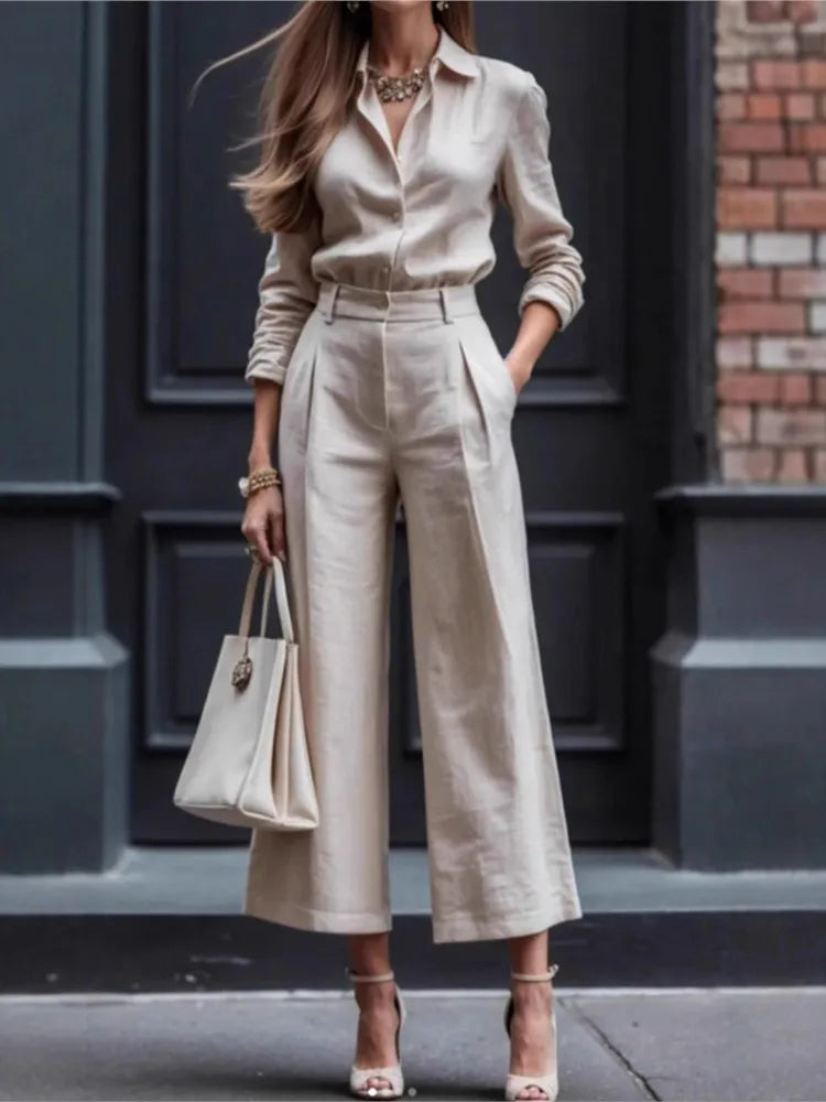 New Fashion Casual Commuting Cardigan Long-sleeved Top Wide-leg Trousers Two-piece Set Women's Elegant Solid Color Trousers Set