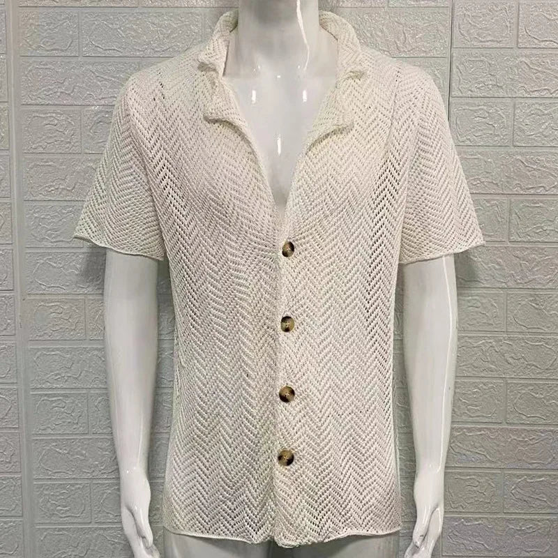 Summer Hollow Knitted Sweater Men's Solid Color Slim-fitting Lapel Short-sleeved Knitted Top Fashion Men's Clothing