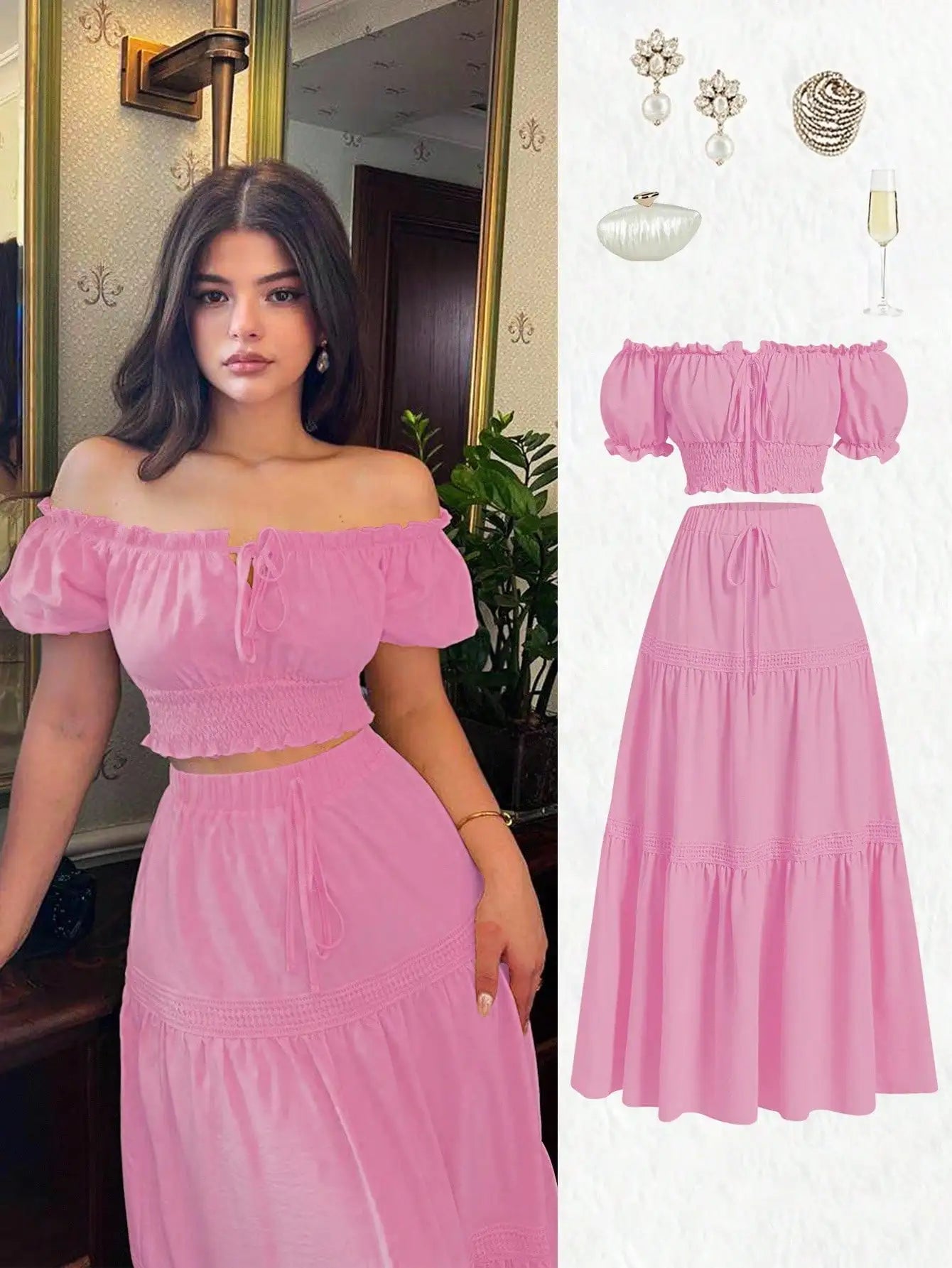 Yellow Off-Shoulder Puff Sleeve Crop Top & Tiered Skirt Set