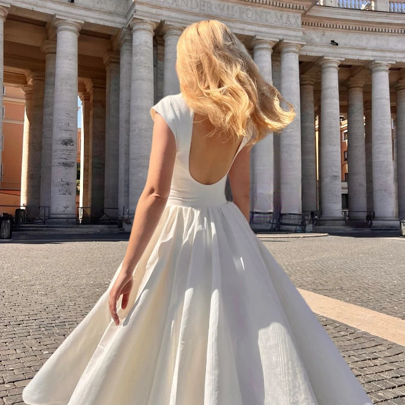 Suninheart Women Circle Cut Out Back Dress Wide Shoulders and Fitted Waist Prom Dress Fluffy Hem Midi Wedding Party Dresses