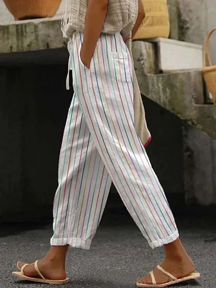 2025 New Women's Trousers Vertical Striped Drawstring Elastic Waist Pocket Fashion Street Versatile Casual Pants