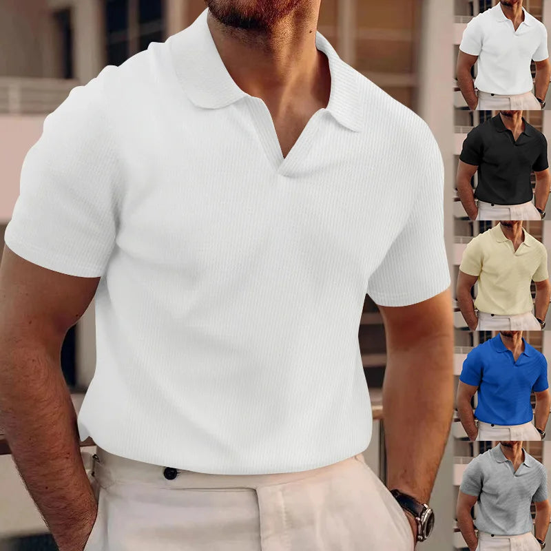 2024Summer New Polo Collar Casual Fashion Men's Clothing Heavy Waffle Short Sleeve Solid Color CasualVCollarPoloShirt