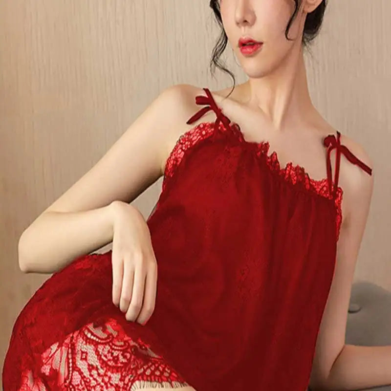 Women’s Summer Lace Nightdress – Sexy Slip Dress with Bow Lace Straps, Soft Sleeveless Lingerie Sleepwear