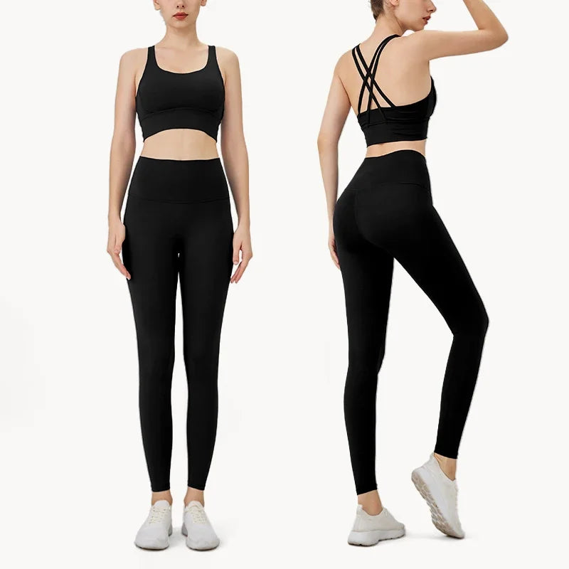 Summer Women’s 2 Piece Yoga Set – Cross Back Sports Bra & High Waist Leggings, Breathable Nylon Gym Workout Outfit