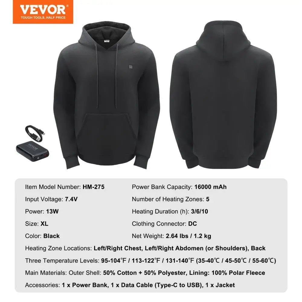 Heated Hoodie Sweatshirt Unisex Battery Powered for men & Women XL Size Black