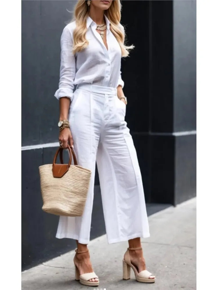 New Fashion Casual Commuting Cardigan Long-sleeved Top Wide-leg Trousers Two-piece Set Women's Elegant Solid Color Trousers Set