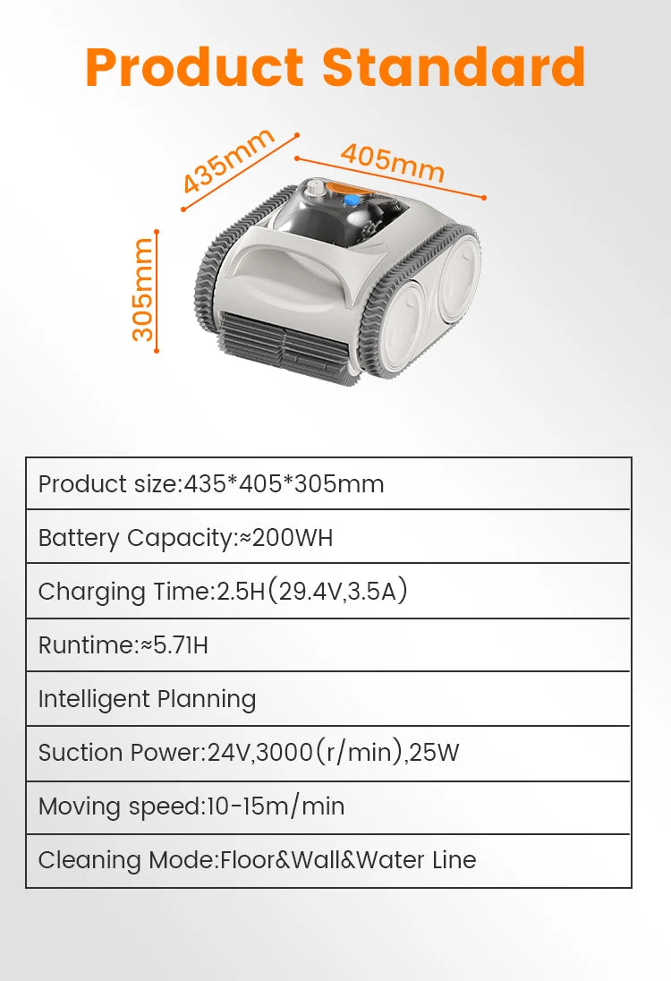 Pool Cleaner, Fully Automatic Cordless Robot, Fast Charging and Long Battery Life, IPX8 Waterproof and Safe Without Leakage.