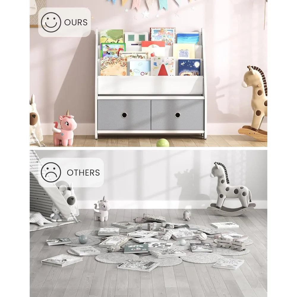 Bookshelf and Toy Storage, 4 Tier Large Capacity Book Rack, Sling Bookcase, for Room, Nursery, Playroom, White and Gray MCW06WT