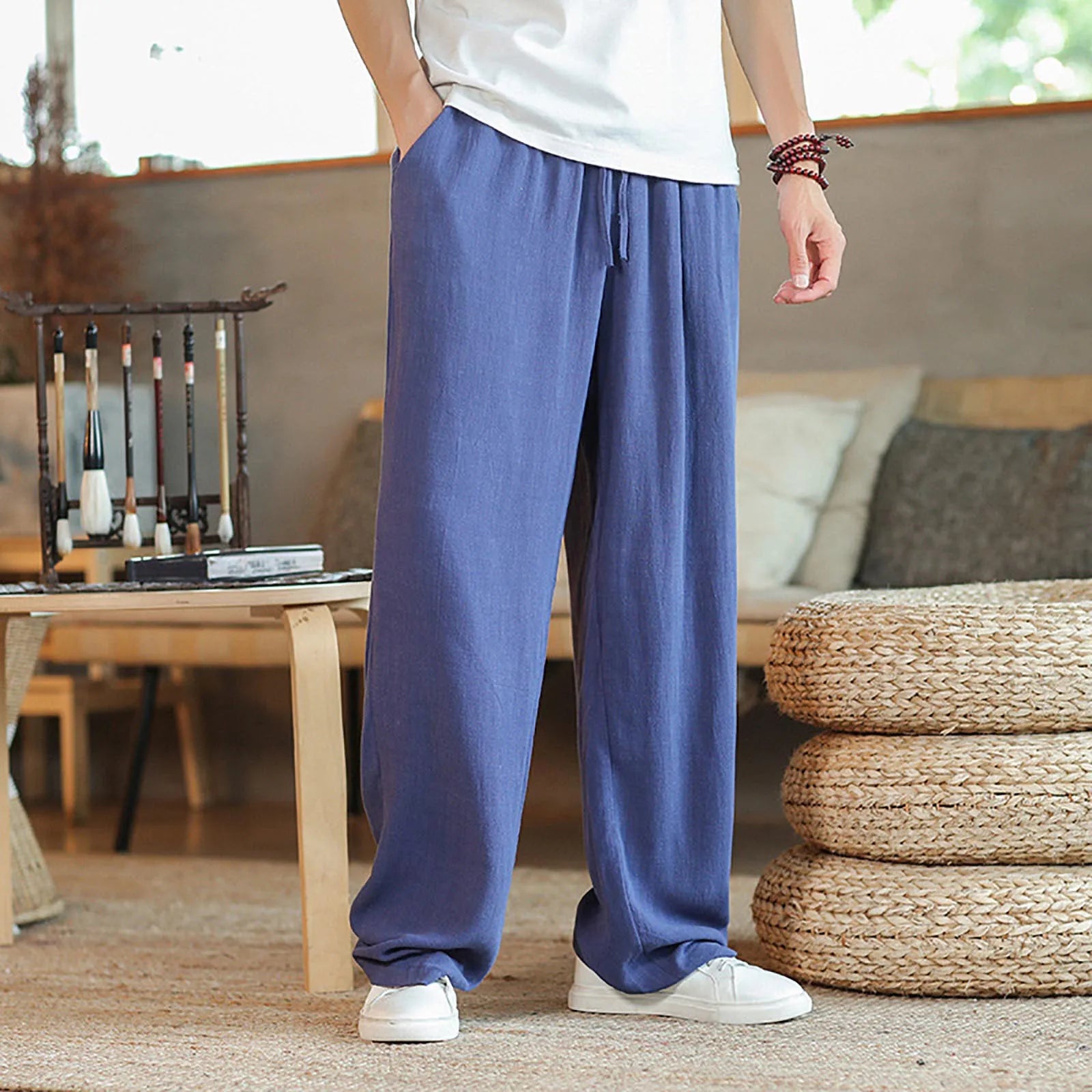 Summer Spring Cotton Linen Men Pants Japan Style Large Size Wide Leg Pants Oversized Loose Casual Trousers Black Male Pants