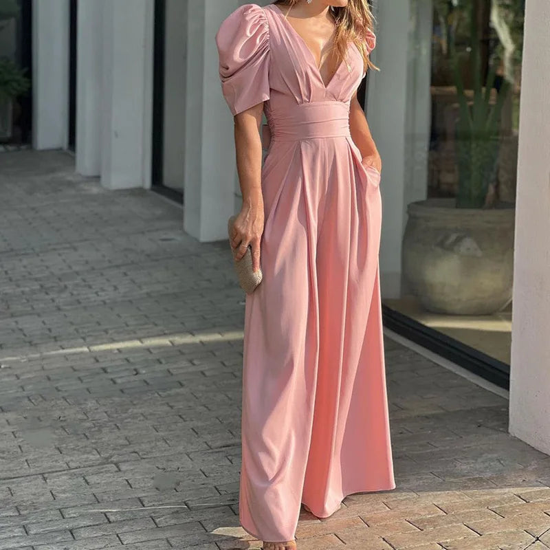 2025 Spring Summer Women's Temperament Personality Fashion Commuter Bubble Sleeve Wide Leg Pants Short Sleeve V-neck Jumpsuit