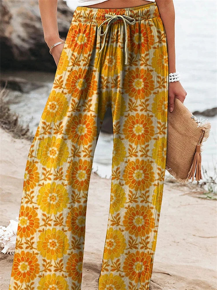 Outdoor Beach Resort Style Collection Women's Floral Print Wide-Leg Pants Relaxed Drawstring Design Casual Comfort Trousers