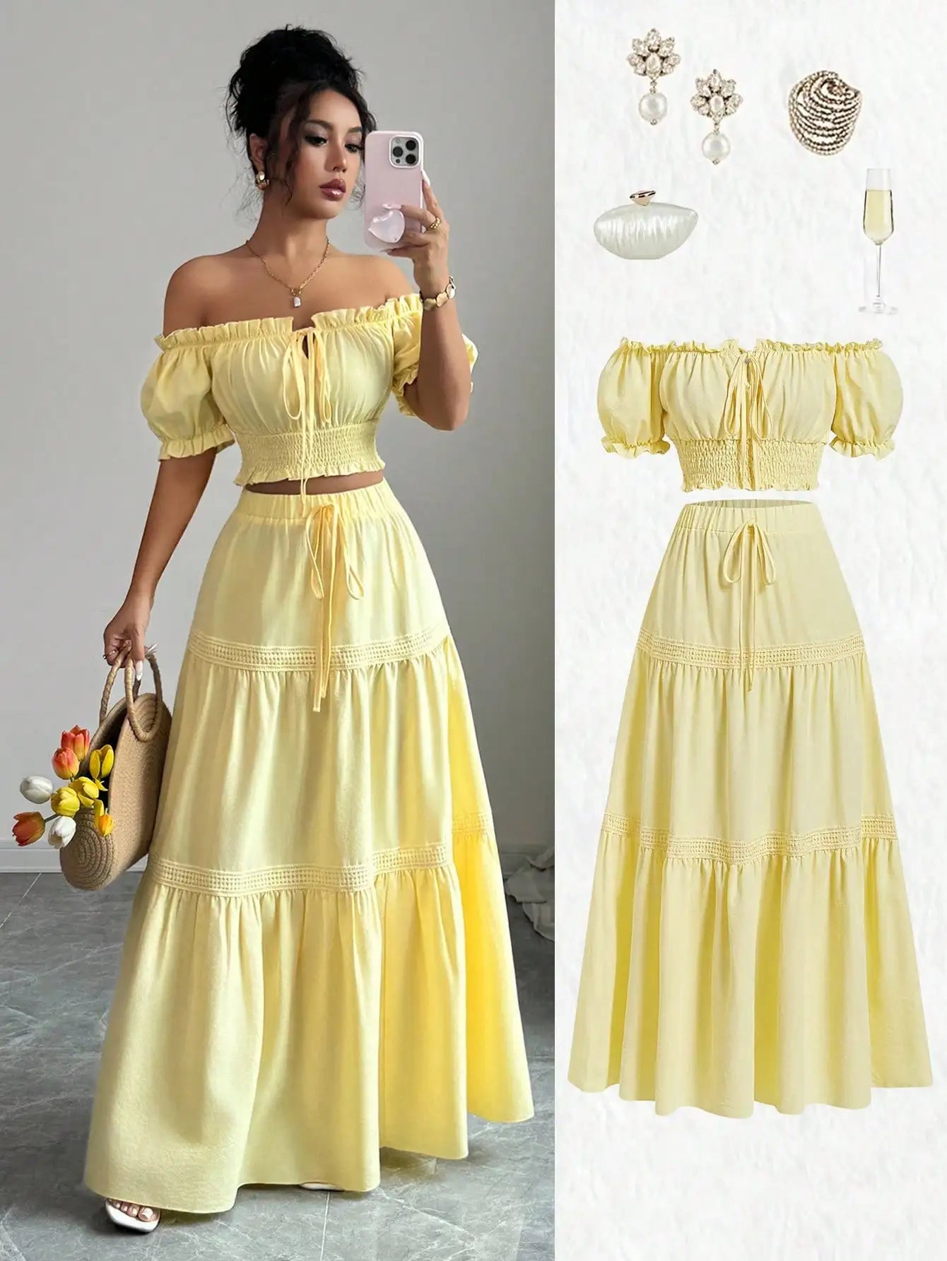 Yellow Off-Shoulder Puff Sleeve Crop Top & Tiered Skirt Set