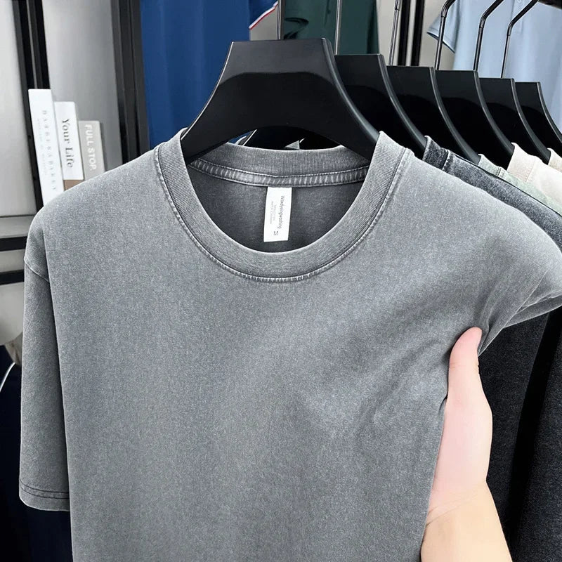 American Style Retro Heavyweight Short Sleeve T-Shirt – Oversized Washed Solid Color Summer Streetwear for Men & Women