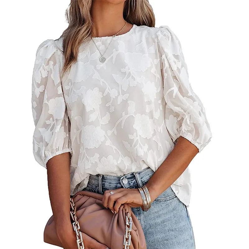 Women’s Puff Sleeve Chiffon Blouse – Floral Lace Trim Loose Fit Elegant Top, Boho Chic Spring Summer Tunic Shirt