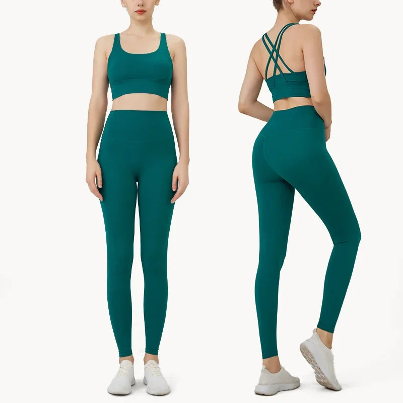 Summer Women’s 2 Piece Yoga Set – Cross Back Sports Bra & High Waist Leggings, Breathable Nylon Gym Workout Outfit