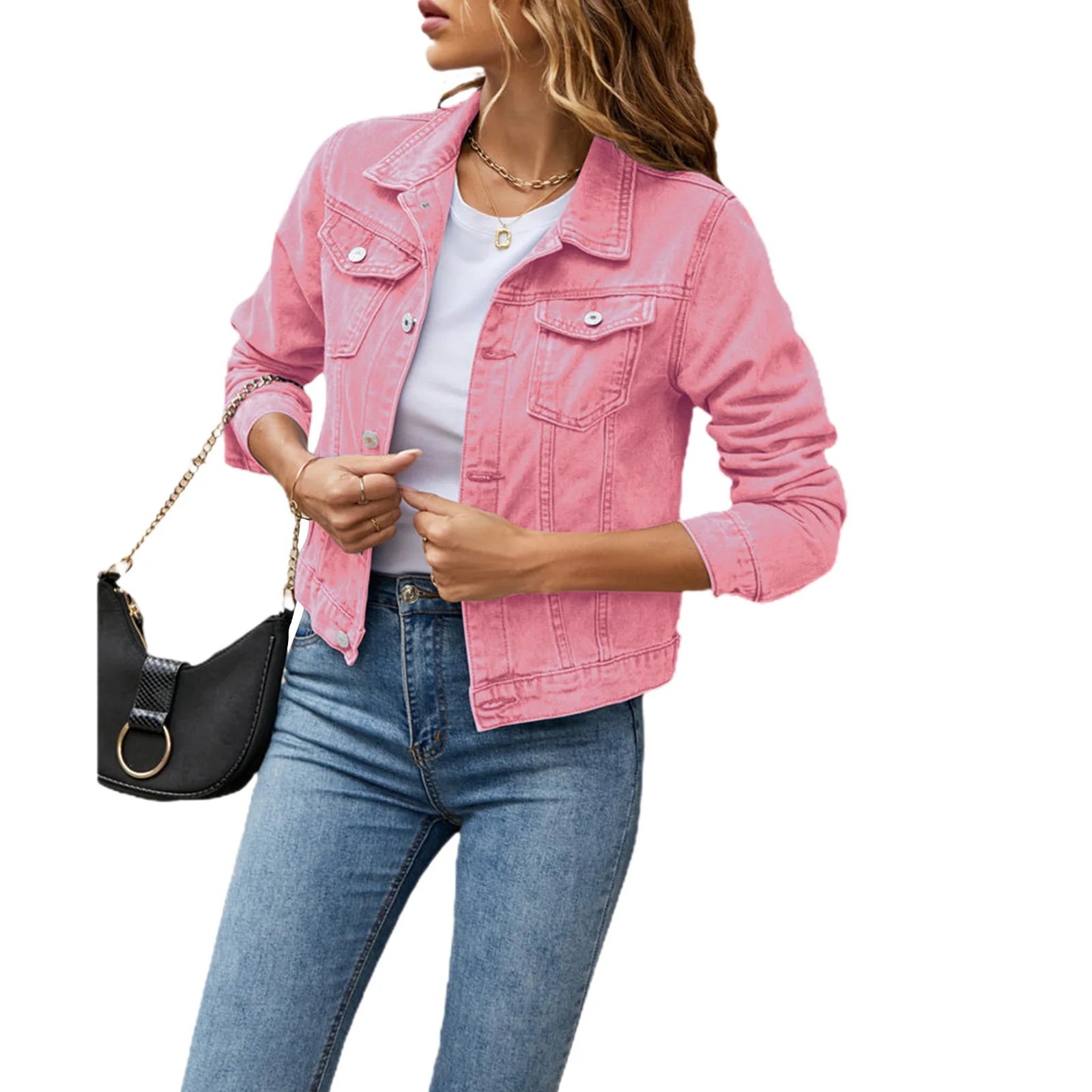 Women’s Casual Denim Jacket – Slim Fit Long Sleeve Jean Jacket with Hood & Chest Pockets, Button Down Fall Winter Coat