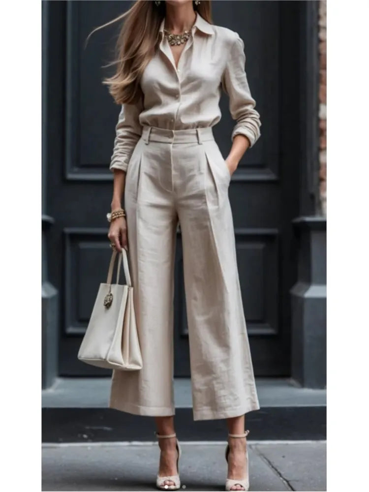 New Fashion Casual Commuting Cardigan Long-sleeved Top Wide-leg Trousers Two-piece Set Women's Elegant Solid Color Trousers Set