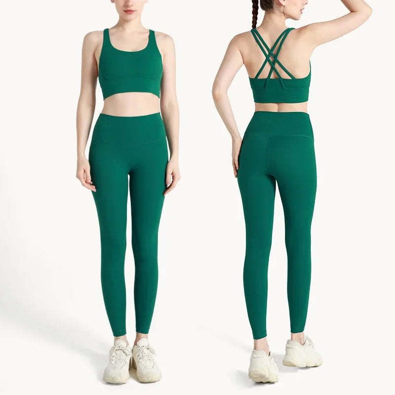 Summer Women’s 2 Piece Yoga Set – Cross Back Sports Bra & High Waist Leggings, Breathable Nylon Gym Workout Outfit