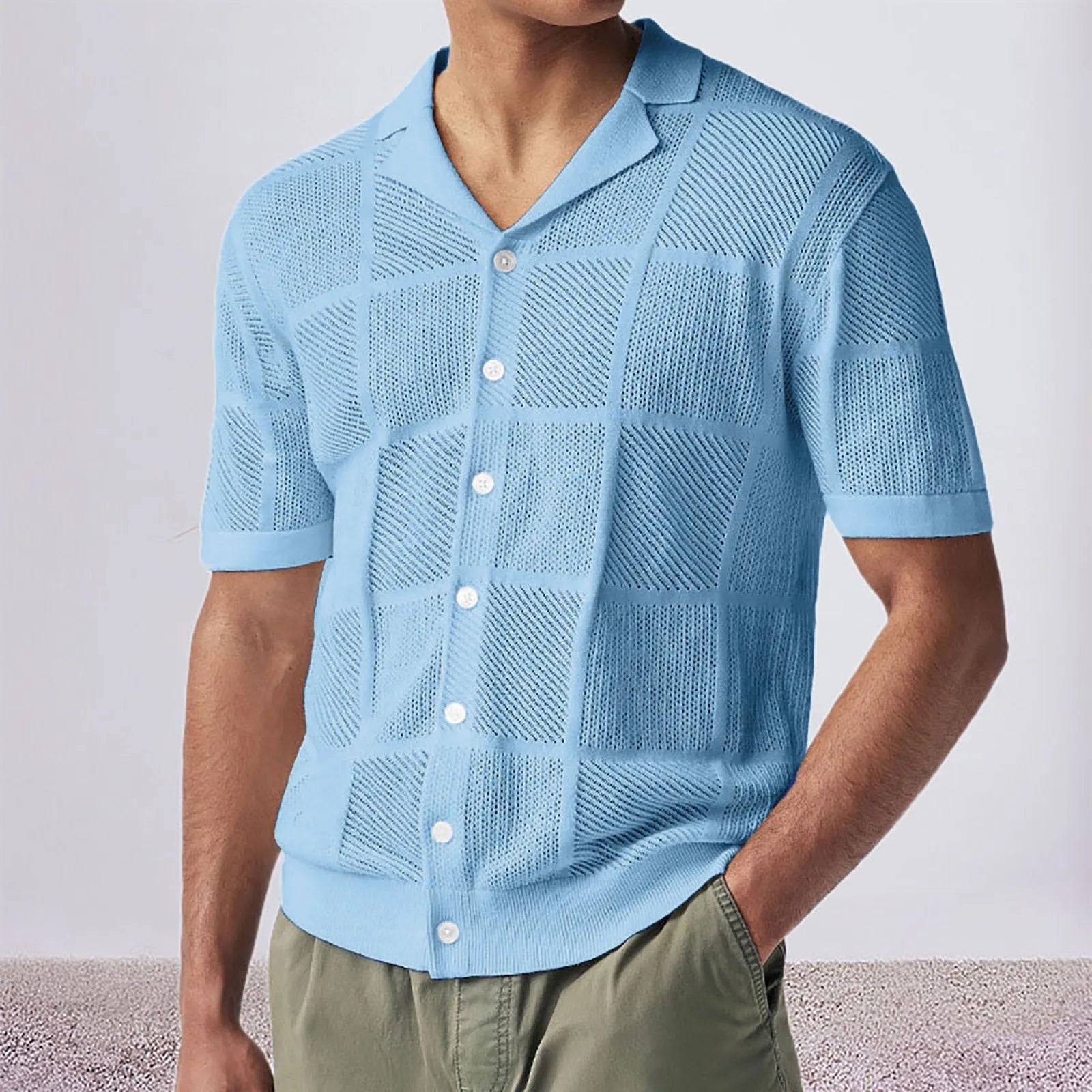 Summer Men'S Knit Cardigan Shirt Absorbent Breathable Thin Hollow Short Sleeved Button Shirt New Clothing Summer Streetwear