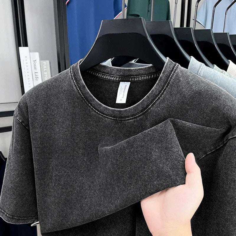 American Style Retro Heavyweight Short Sleeve T-Shirt – Oversized Washed Solid Color Summer Streetwear for Men & Women