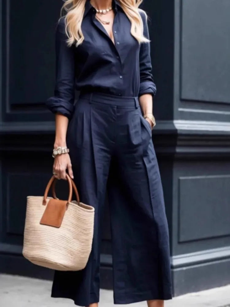 New Fashion Casual Commuting Cardigan Long-sleeved Top Wide-leg Trousers Two-piece Set Women's Elegant Solid Color Trousers Set