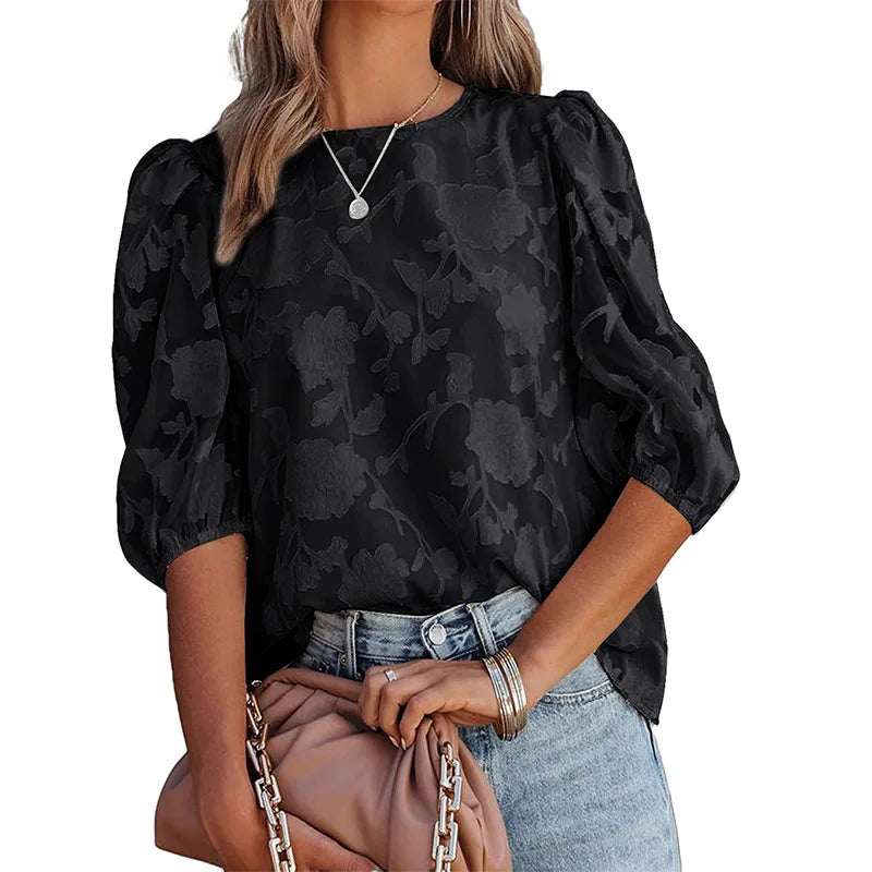 Women’s Puff Sleeve Chiffon Blouse – Floral Lace Trim Loose Fit Elegant Top, Boho Chic Spring Summer Tunic Shirt