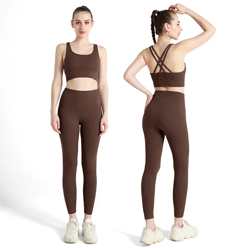 Summer Women’s 2 Piece Yoga Set – Cross Back Sports Bra & High Waist Leggings, Breathable Nylon Gym Workout Outfit