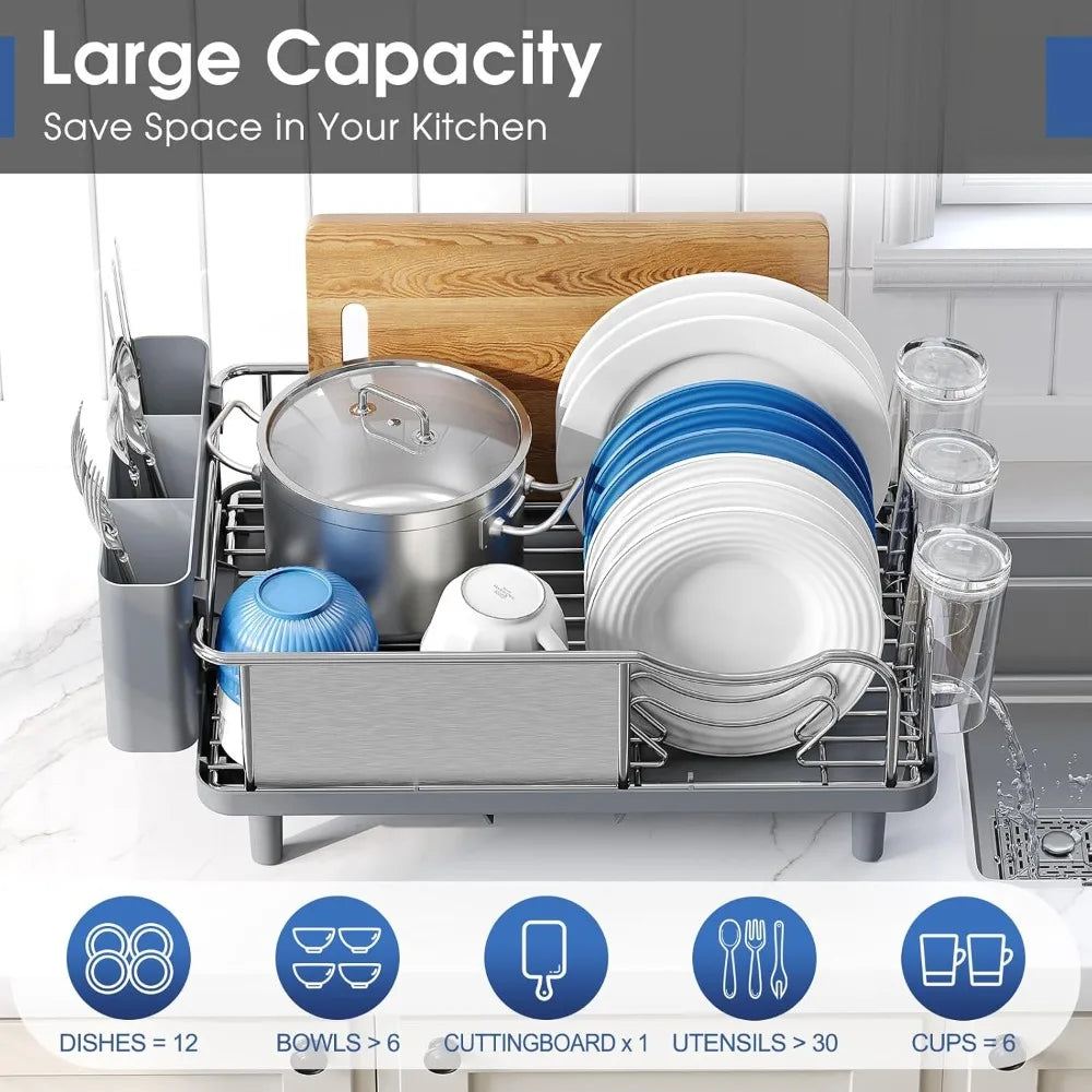 Stainless Steel Dish Drying Rack - Large Capcity 304 Grade Dish Drainer for Kitchen Counter with Drain Board