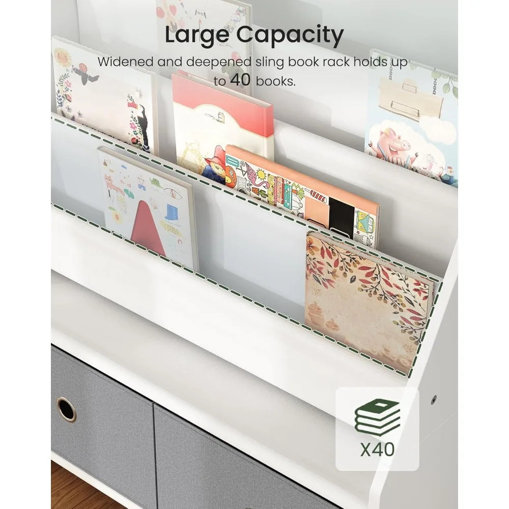 Bookshelf and Toy Storage, 4 Tier Large Capacity Book Rack, Sling Bookcase, for Room, Nursery, Playroom, White and Gray MCW06WT