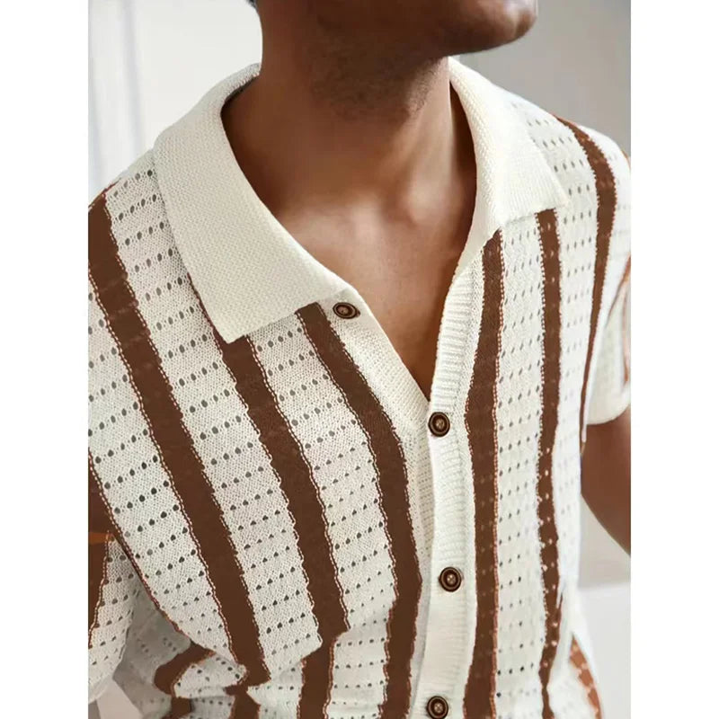 Summer New Men Knitted Shirt Lapel Casual Tees Shirts Business Social Striped Hollow Out Knit Cardigan Men Clothing Steetwear