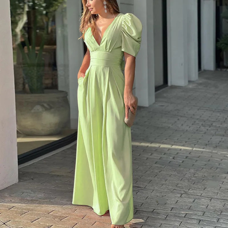 2025 Spring Summer Women's Temperament Personality Fashion Commuter Bubble Sleeve Wide Leg Pants Short Sleeve V-neck Jumpsuit