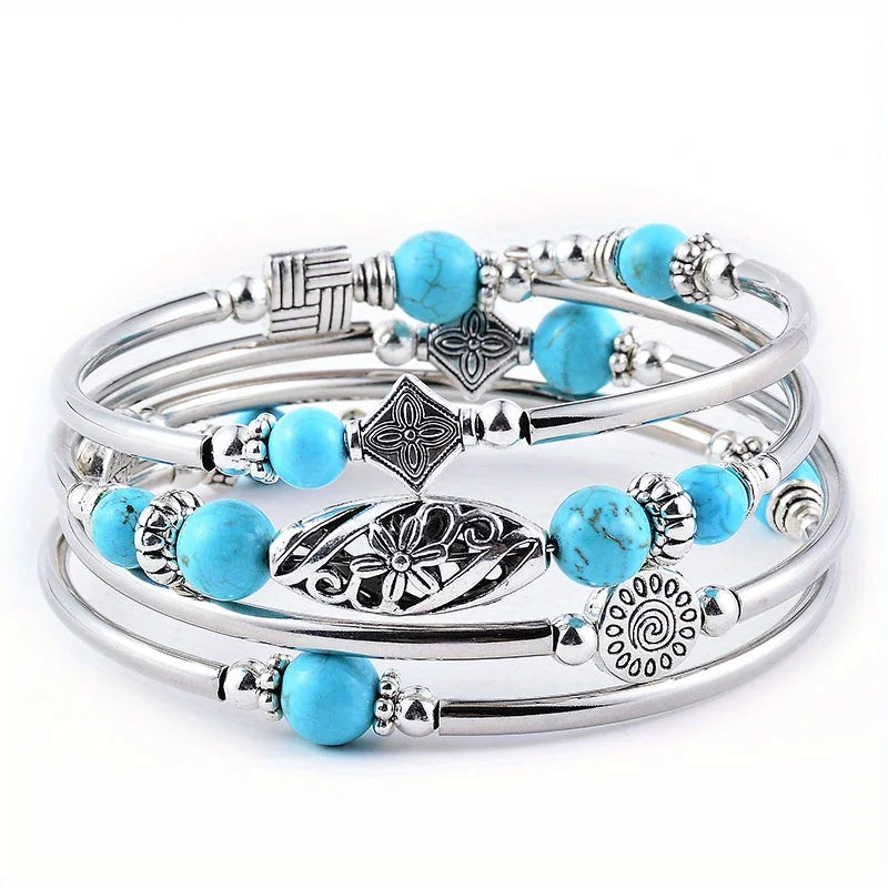 Vintage Turquoise Wrap Bracelet Set - Genuine Stone Unisex Jewelry