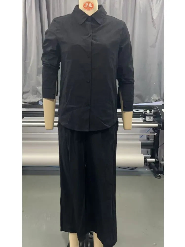 New Fashion Casual Commuting Cardigan Long-sleeved Top Wide-leg Trousers Two-piece Set Women's Elegant Solid Color Trousers Set