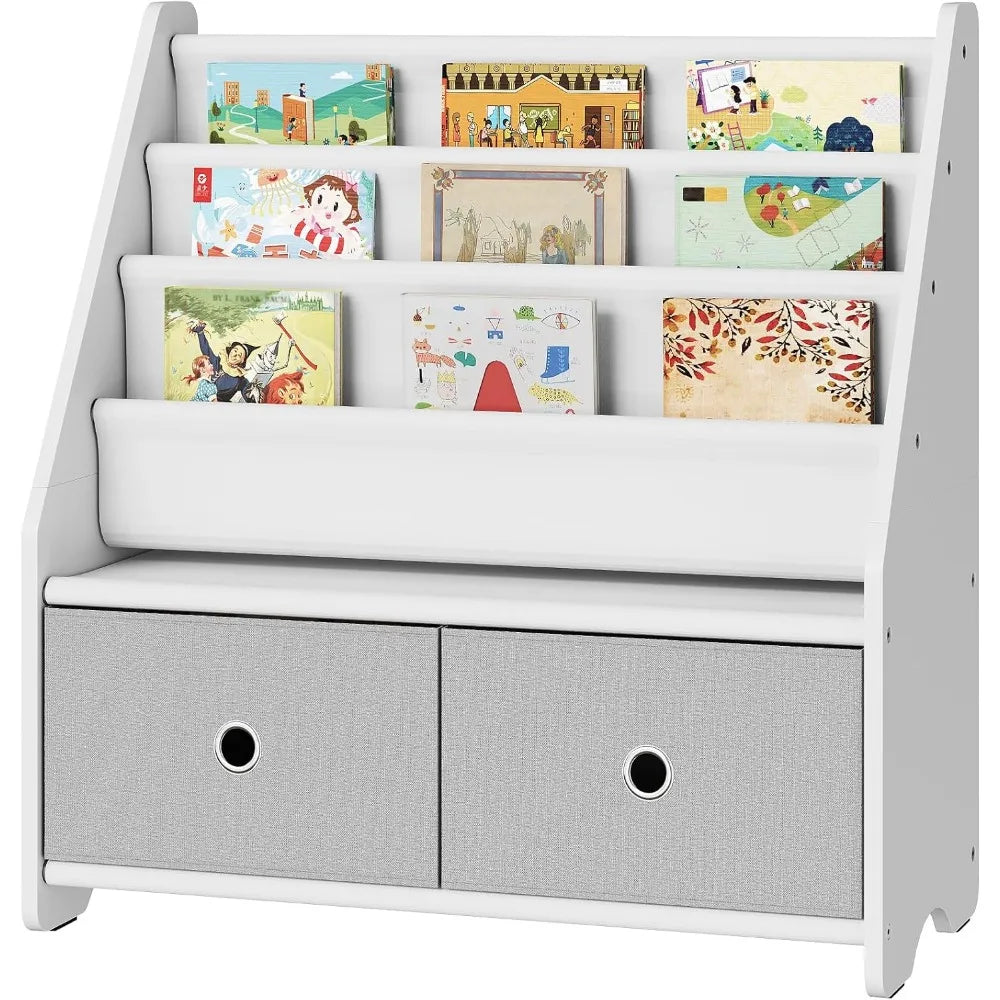 Bookshelf and Toy Storage, 4 Tier Large Capacity Book Rack, Sling Bookcase, for Room, Nursery, Playroom, White and Gray MCW06WT