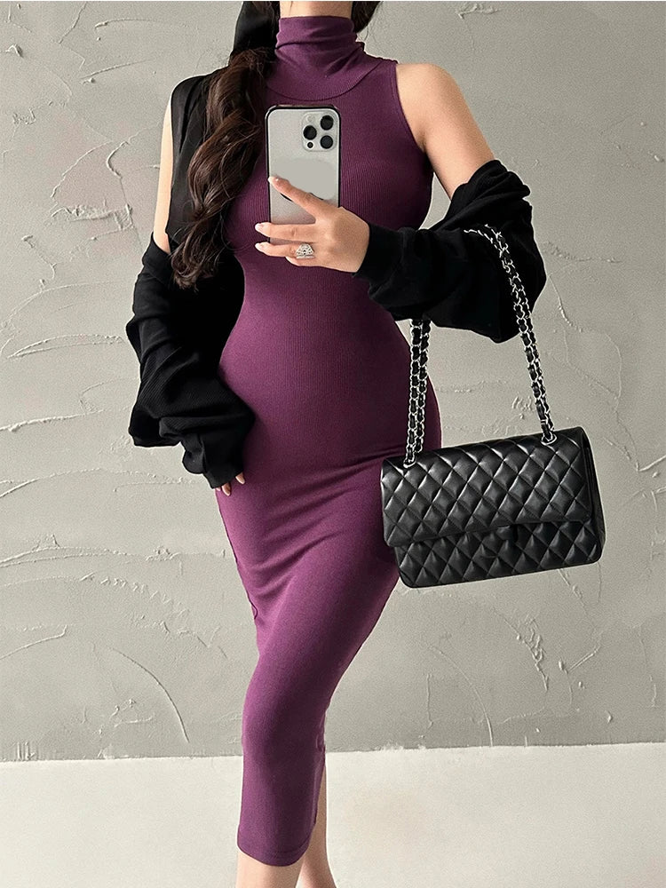 Red Sexy Turtleneck Bodycon Midi Dress – Women’s Elegant Hip Wrap Party Dress, Sleeveless Y2K Evening Outfit