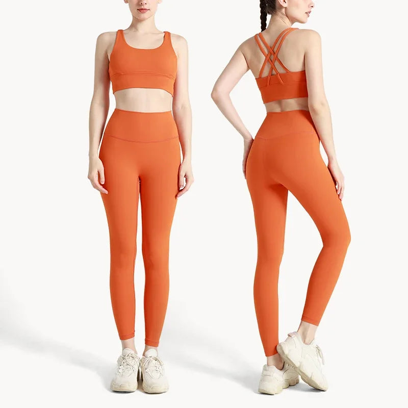 Summer Women’s 2 Piece Yoga Set – Cross Back Sports Bra & High Waist Leggings, Breathable Nylon Gym Workout Outfit
