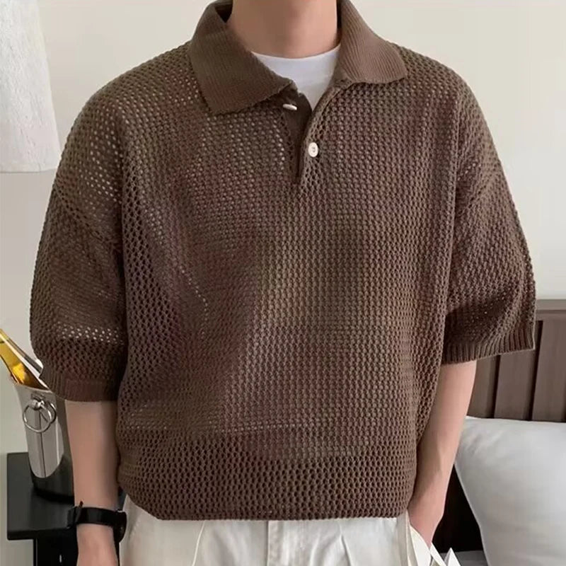 New Fashion Hollow Out Knit Polo Shirts Men Stylish Solid Color Short Sleeve Polo Neck Tops Mens Summer Casual Knitting Pullover
